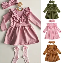 Милое детское платье; Повседневные Вечерние платья для маленьких девочек; повязка на голову; сезон весна-осень; одежда с длинными рукавами и оборками; Сарафан