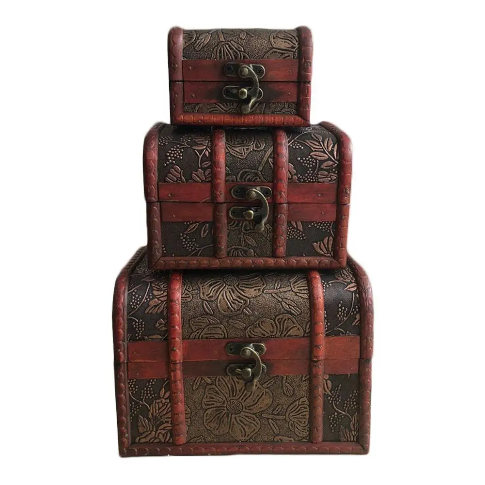 HOT SALES！！！3Pcs Wooden Treasure Chest Stash Box Jewelry Makeup Storage Organizer with Lock