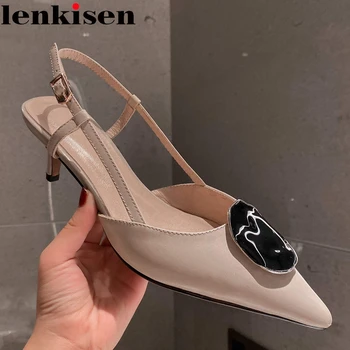 

Lenkisen new gladiator high quality handmade full grain leather pointed toe metal decorations thin high heels lace on pumps L49