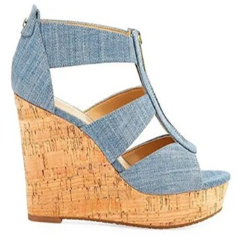 

US4-13 Womens Denim Jeans Central Zipper Platform Peep Toe Wedge Super High Heel 15CM Cut Out Sandals Roman Shoes Plus Size