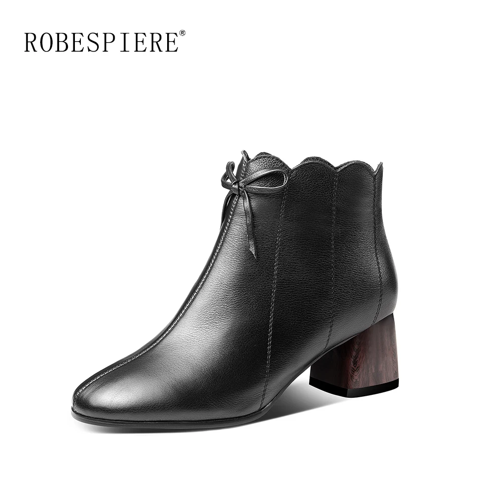 

ROBESPIERE New Print Hoof Heel Ankle Boots Quality Cow Leather Classics Large Size Shoes Women Winter Warm Plush Boots B19
