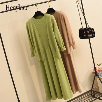 

2020 Fall Winter New Fashion Women Solid Single-breasted Loose Knit Cardigan Coat And Sexy Sweater Strap Sling Dress 2 Piece Set