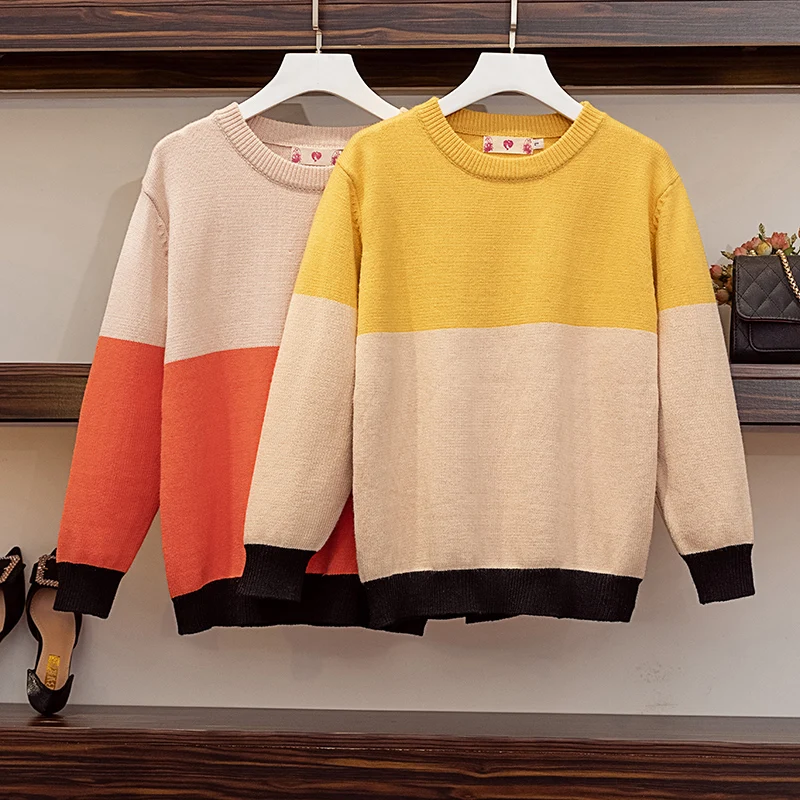 

College style women's chic sweater and sweater 2019 spring sweater yellow apricot striped sweater round neck loose sweater top