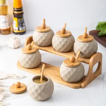 Набор из 6 Керамика приправа горшки для специй чаши с ложкой и фарфоровая шкатулка и бамбуковая крышка-хранения контейнерная приправа банки