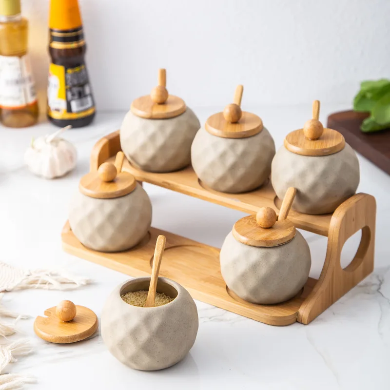 

Set of 6 Ceramic Seasoning Rack Spice Pots Bowls With Spoon & Porcelain Box and Bamboo Cover - Storage Container Condiment Jars