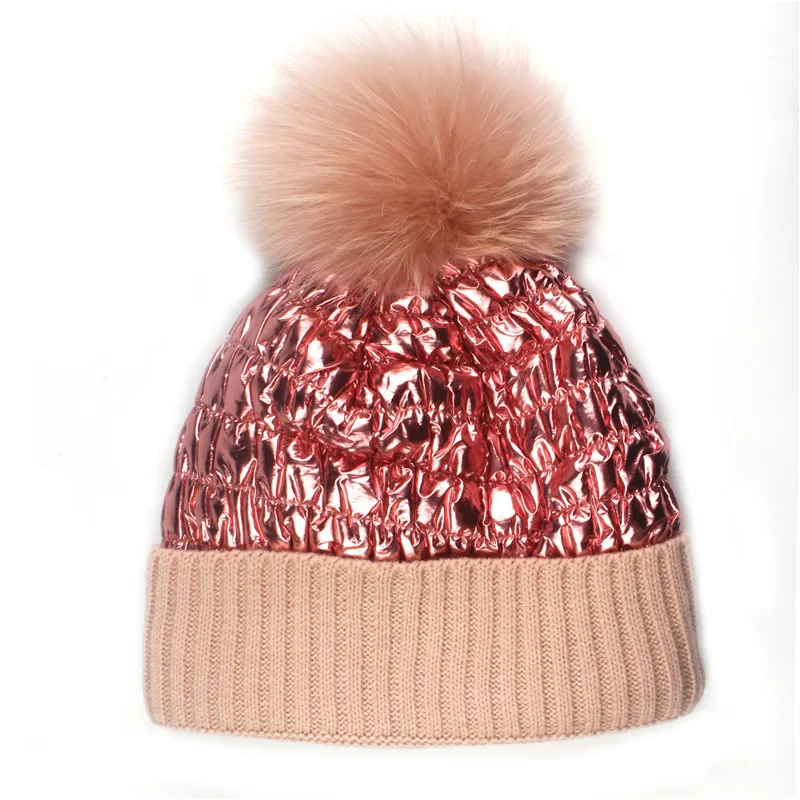 Xthree, зимние шерстяные вязаные шапочки, Снежная светоотражающая ткань, натуральный мех норки, помпоны, шапка Skullies для женщин, девочек, шапка feminino - Цвет: Розовый