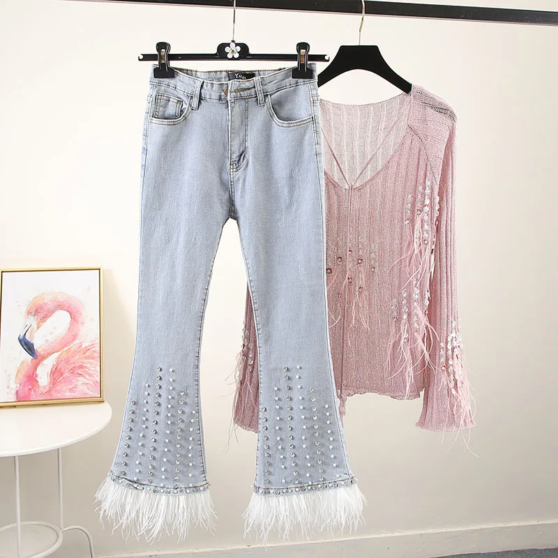 Feather Jeans Women Autumn Fashion Bright Diamond Bead Feather Edge Elastic High Waist Denim Pants Woman Light Blue Jeans