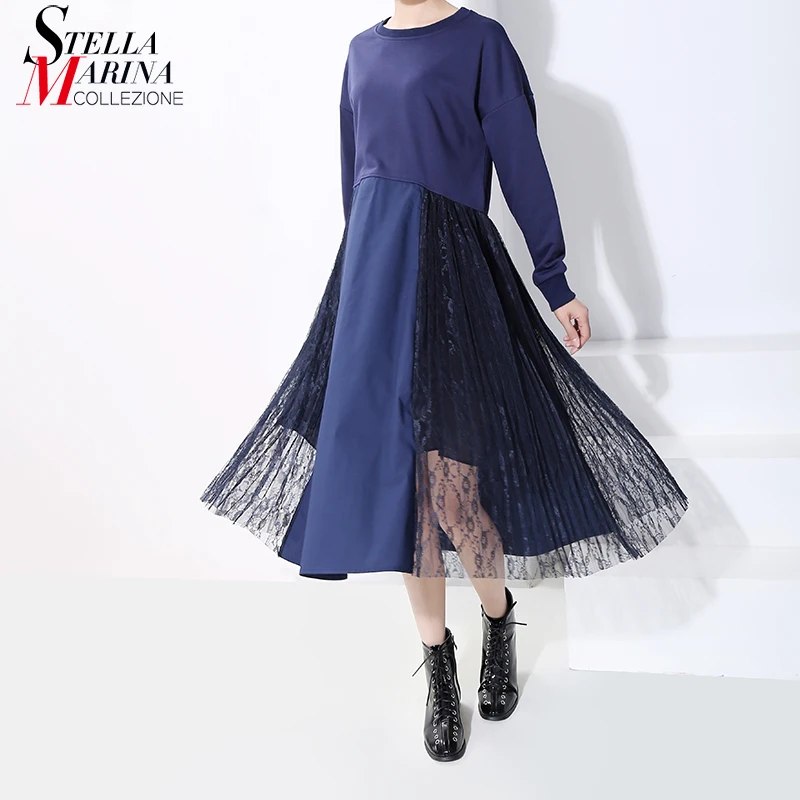 Новинка, корейский стиль, женская зимняя одежда, синее платье, длинный рукав, кружево, пэчворк, Стильное женское прямое платье, женское платье 5816