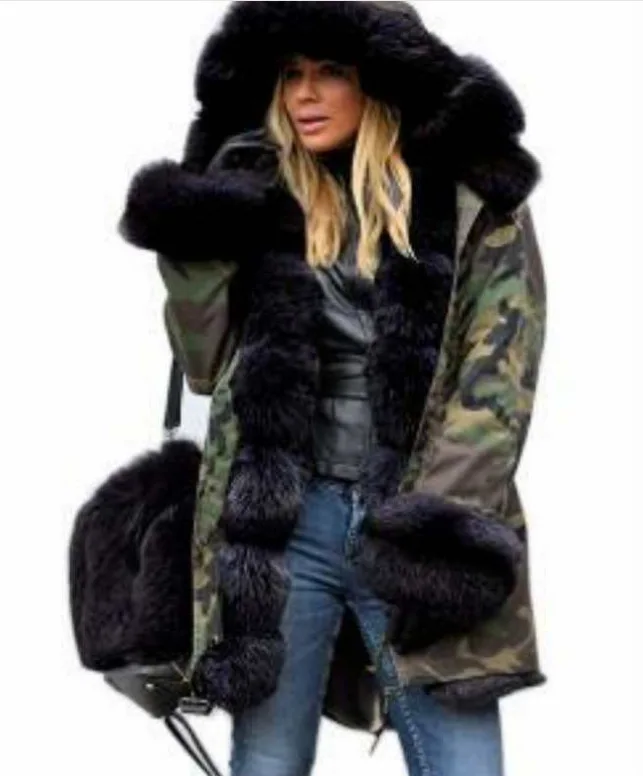 Осень Зима Новая Женская Шуба Длинная с капюшоном камуфляжное пальто женская модная короткая куртка облегающее теплое пальто плюс размер CA3325