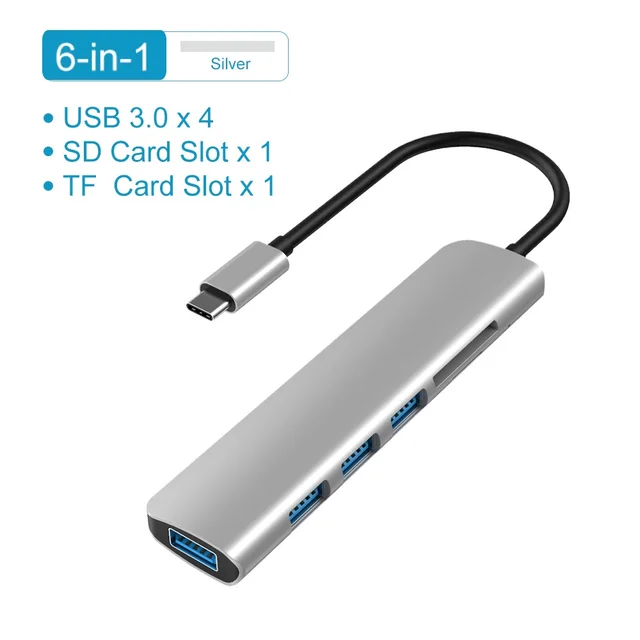 USB 3.1 Type-C Hub To HDMI Adapter 4K Thunderbolt 3 USB C Hub with Hub 3.0 TF SD Reader Slot PD for MacBook Pro/Air/Huawei Mate 6 in 1 USB - Silver
