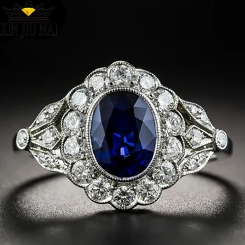 

Female Blue Oval Stone Ring Vintage Flower Promise Engagement Rings For Women Fashion Wedding Accessories Silver 925 Ring Mens