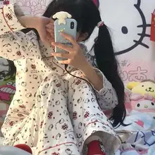 Takara Tomy – pyjama à carreaux à manches longues Hello Kitty, ensemble deux pièces décontracté pour femme, vêtement de Service à domicile, Version printemps et automne