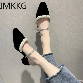 

2020 new Euro Style Spring Summer Slingbacks Women Solid Color Pearl String Bead Pumps Square Toe Buckle Strap Shoes Woman