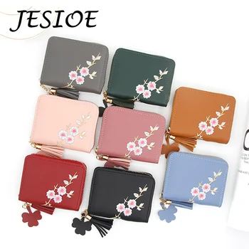 

Women Wallets Mini Folding Purse Embroidered Flower Pattern Zipper Wallet Leather Small Slim Card Holder Wallets and Purses Lady