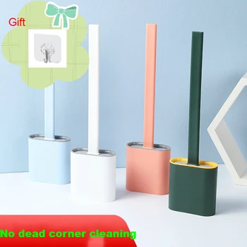 

Silicone Toilet Brush With Toilet Brush Holder Set Flat Head Soft Bristles Cleaning Brush For Toiler Wc Bathroom Accessories