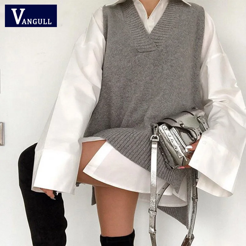 

Vangull V Neck 2020 Women Split Vest Sweater Dress Sleeveless Gray Autumn Winter Loose Casual Knitted Jumper Oversized Pullover