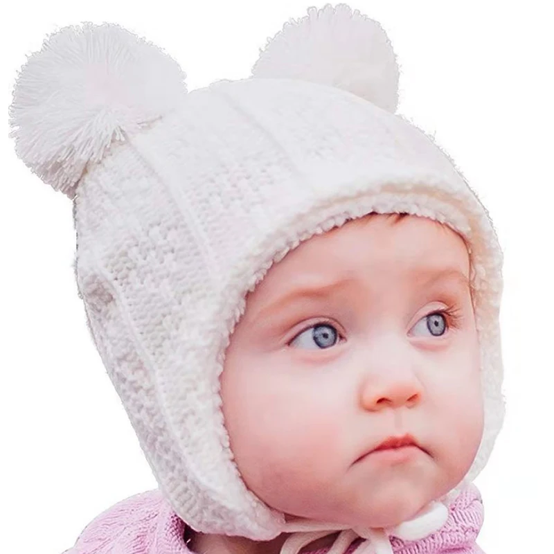 Modis хлопковый бант для девочек зимняя одежда для детей ясельного возраста уши лоскут шапочка Тао плотная вязаная шапка с помпоном кепки для девочек, мальчиков Baby muts аксессуары
