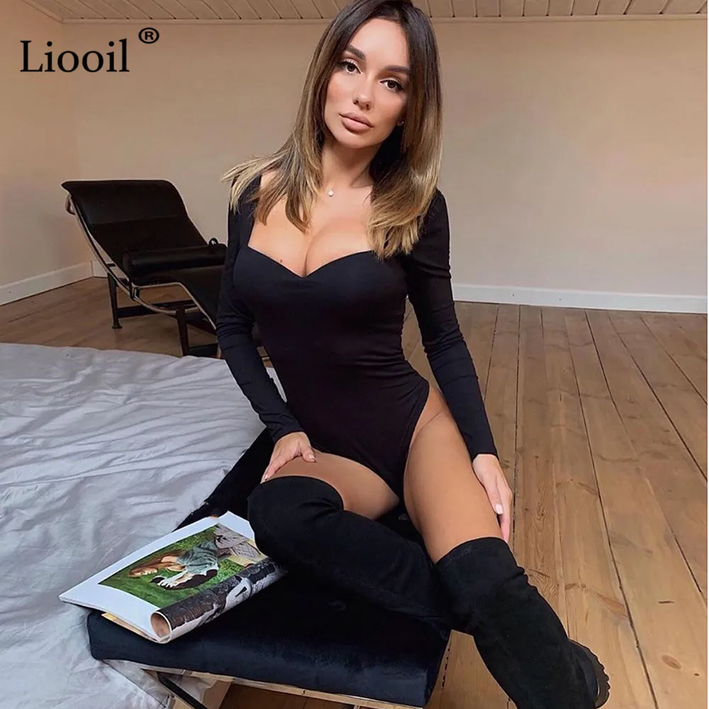 Liooil сексуальные черные белые боди бодикон боди костюм Топы женские осень зима длинный рукав v-образный вырез Облегающий комбинезон для вечеринки в клубе