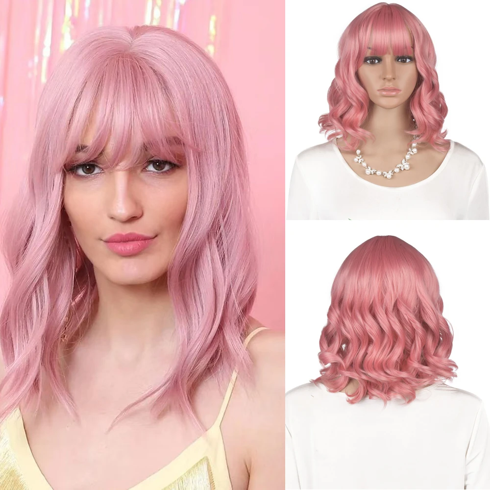 

YunRong Rose Pink Color Synthetic Wig With Bangs Restyleable High Temperature Fiber Glueless Synthetic Hair Loose Wave Cosplay