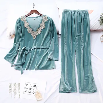 

Female Velour Sleepwear Lace Shirt&Pants Nightwear Casual Velvet 2PCS Pajamas Suit Home Clothes Autumn New Pyjamas Lingerie