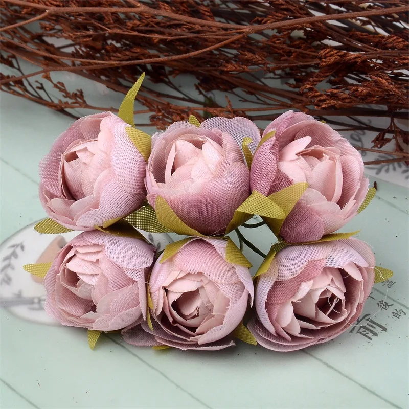 6 шт./букет, Чайные розы, букет для рождественского дома, свадебные украшения, дешевые поддельные искусственные шелковые цветы для рукоделия - Цвет: Bean paste
