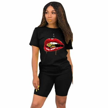 

Two Piece Matching Women's Sets 2020 Summer Clothes For Women Red Lips Print Bandage Top And Bodycon Shorts Spoty Tracksuits