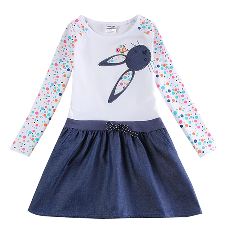 Платье с длинными рукавами для девочек новое весенне-осеннее хлопковое платье с вышивкой кролика для девочек джинсовое платье с карманами H5922