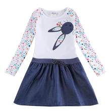 Платье с длинными рукавами для девочек новое весенне-осеннее хлопковое платье с вышивкой кролика для девочек джинсовое платье с карманами H5922