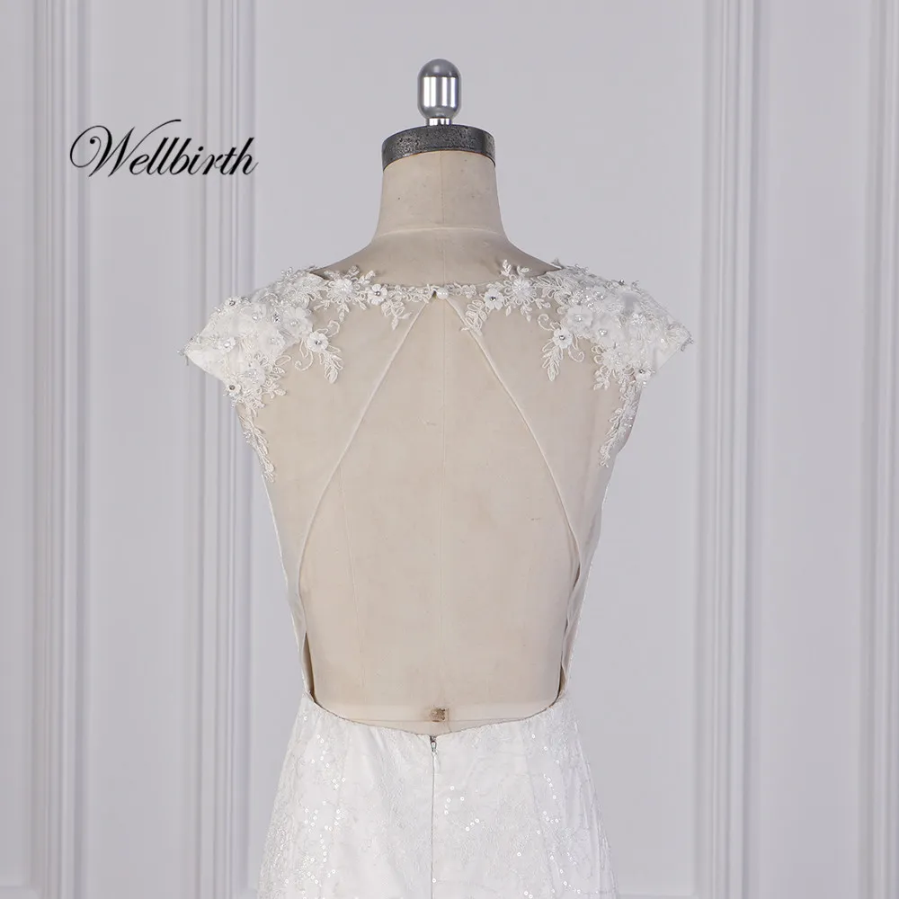Реальное изображение Wellbirth Vestido de novia Милая tull спинки Русалка свадебное платье Кепки рукавом свадебное платье CL005