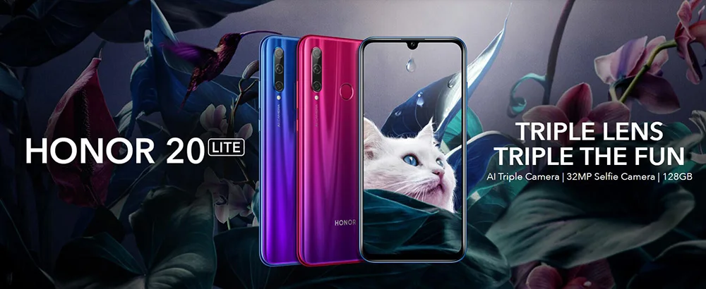 Глобальная версия Honor 20 Lite, две sim-карты, 4 Гб, 128 ГБ, мобильный телефон, четыре ядра, 6,21 дюймов, тройная камера 24 МП, фронтальная 32 МП, 4G LTE, смартфон