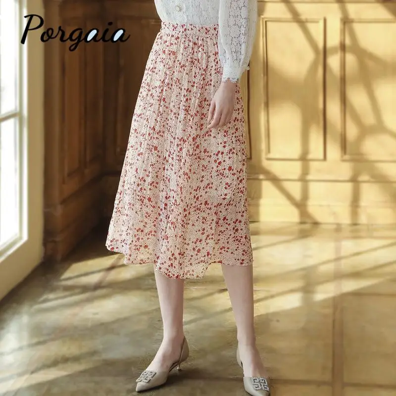 

Pink Skirt Floral Print Pleated Midi Skirt Women Summer 2020 Elegant Female Bottom Elastic High Waist Skirts