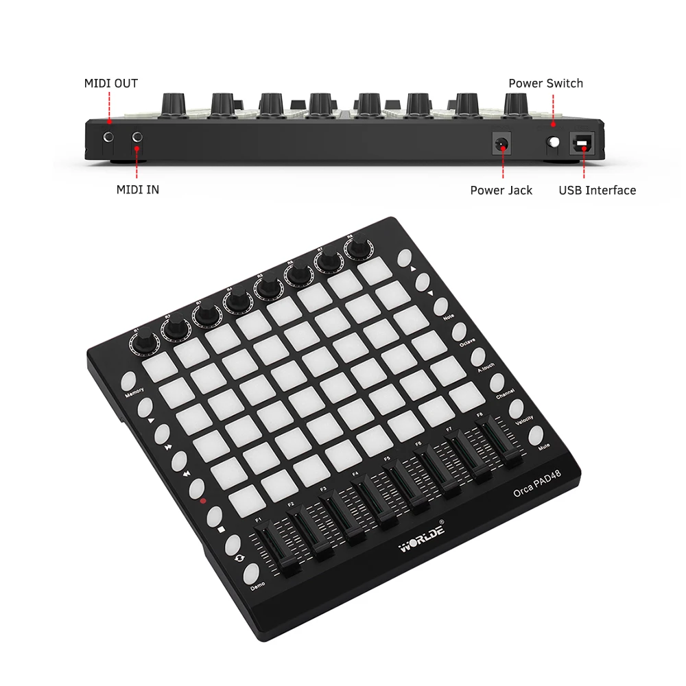 WORLDE PAD48 Портативный USB MIDI контроллер для барабана 48 RGB подушек с подсветкой 8 ручек
