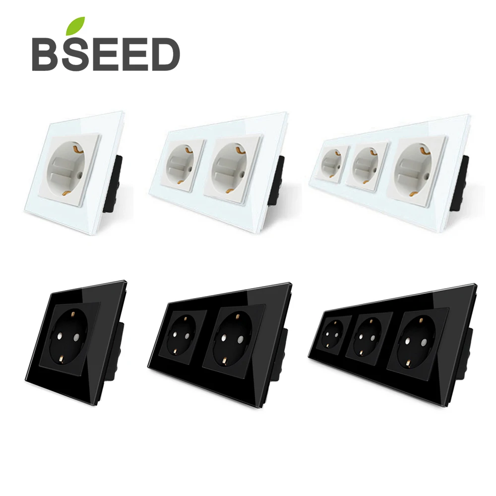 BSEED 2 paquetes estándar de la UE eléctrico individual hembra de Panel de vidrio de cristal 16A doble toma de corriente de pared de salida Triple de tomas de corriente eléctrica
