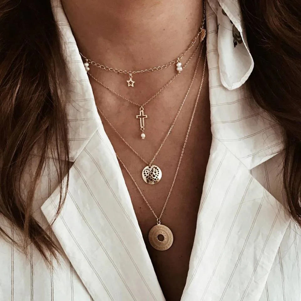 

Europe And America New Style Multilayer Sweater Chain Creative Five-pointed Star Cross Decorative Pattern round Plates Pendant F
