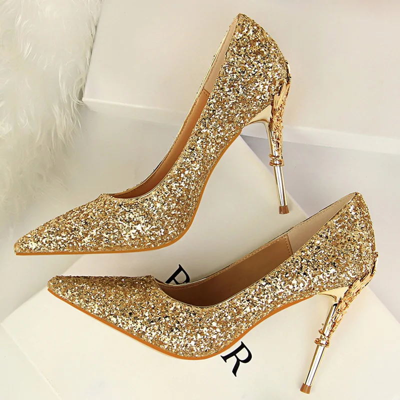 

2020 Women 9.5cm Stiletto High Heels Fetish Pumps Lady Glitter Pointed Toe Heels Bling Luxury Sexy Party Scarpins Silver Shoes