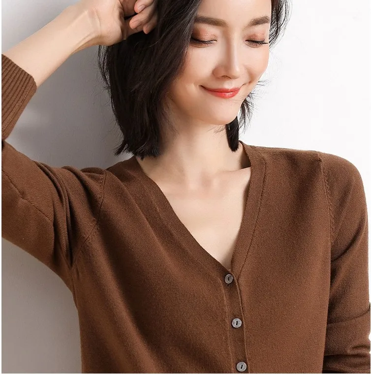 caramel colour Свитер карамельного цвета, женский элегантный однобортный милый кардиган, осенне-зимний джемпер, вязаный мягкий женский топ с v-образным вырезом, YT80211 - Цвет: caramel colour