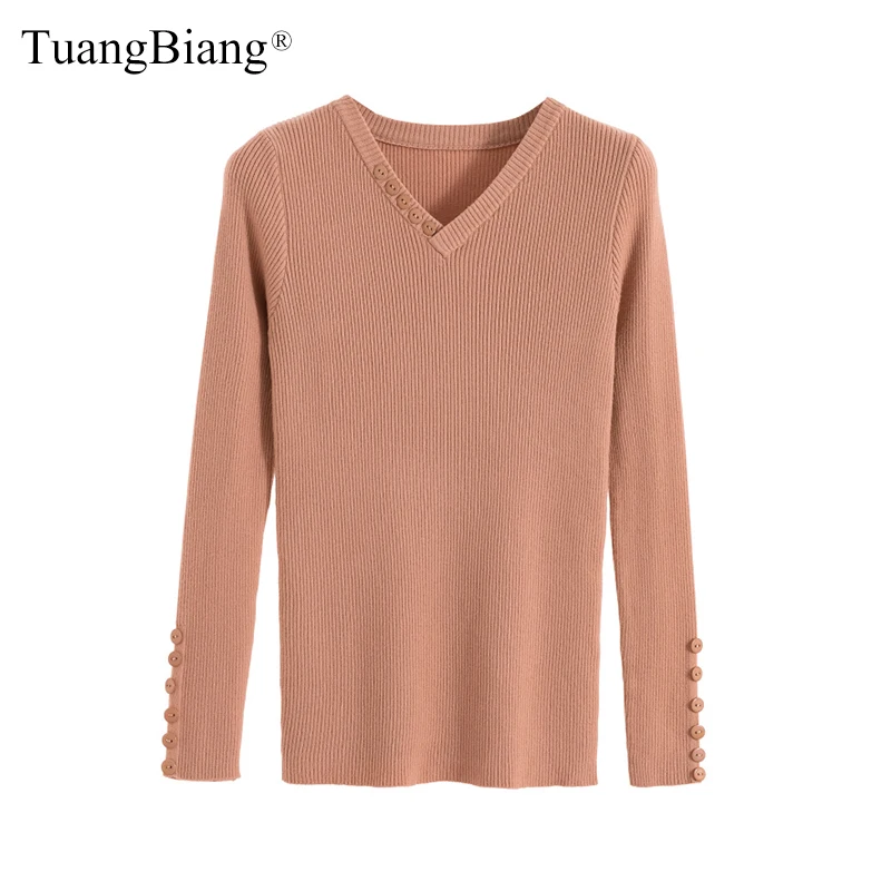 

Button V-Neck Pullovers Women Winter Sweater elegant knit elasticity Long Sleeve fashion 2019 Sweaters Cotton Autumn jumpers
