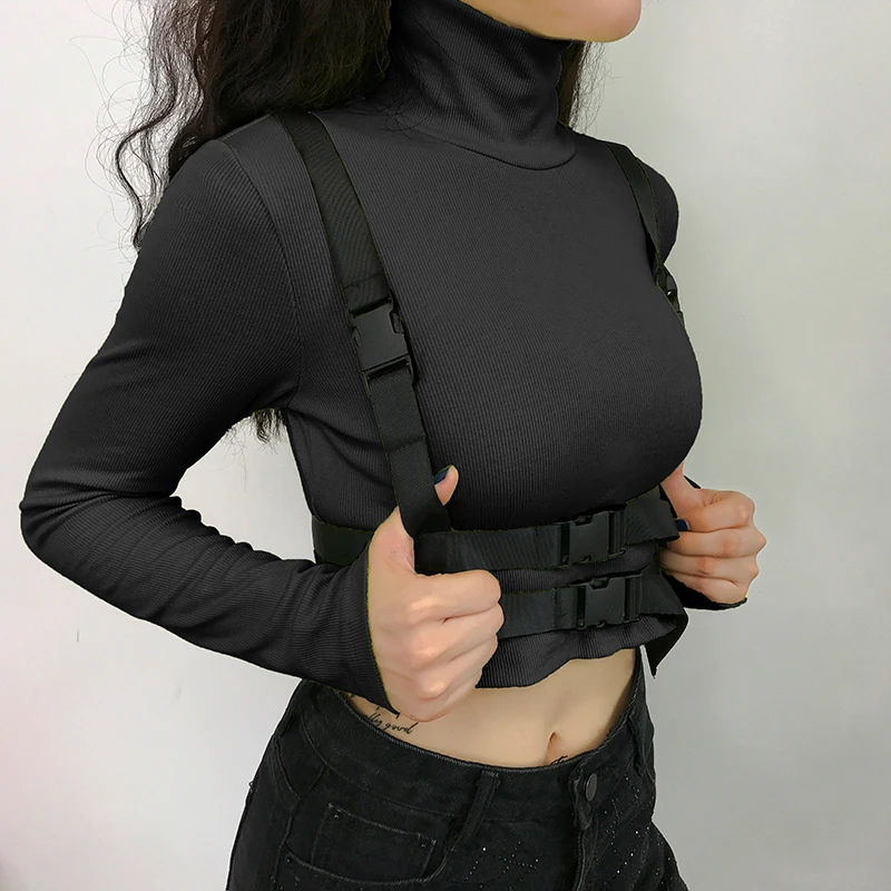 Rockmore Moto& Biker женская футболка с ремнем с пряжкой облегающий короткий топ с длинным рукавом Базовая футболка зеленая водолазка рубашки черные футболки