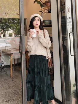 

Casual Midi Pleated Skirt Women For 2020 Korean Ladies Black Green A Line High Waist School Long Skirt Female