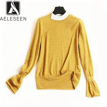 

AELESEEN New Fashion High Street Irregular Collar Knitting Tops Women Patchwork Elegant Flare Sleeve 2019 Office Lady Sweater