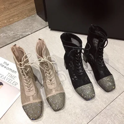 

2019 Bling Crystal Embellished Shoes Women Autumn Square Toe Women Ankle Boots Front Lace Up Chic Heels Glitter Air Mesh Shoes