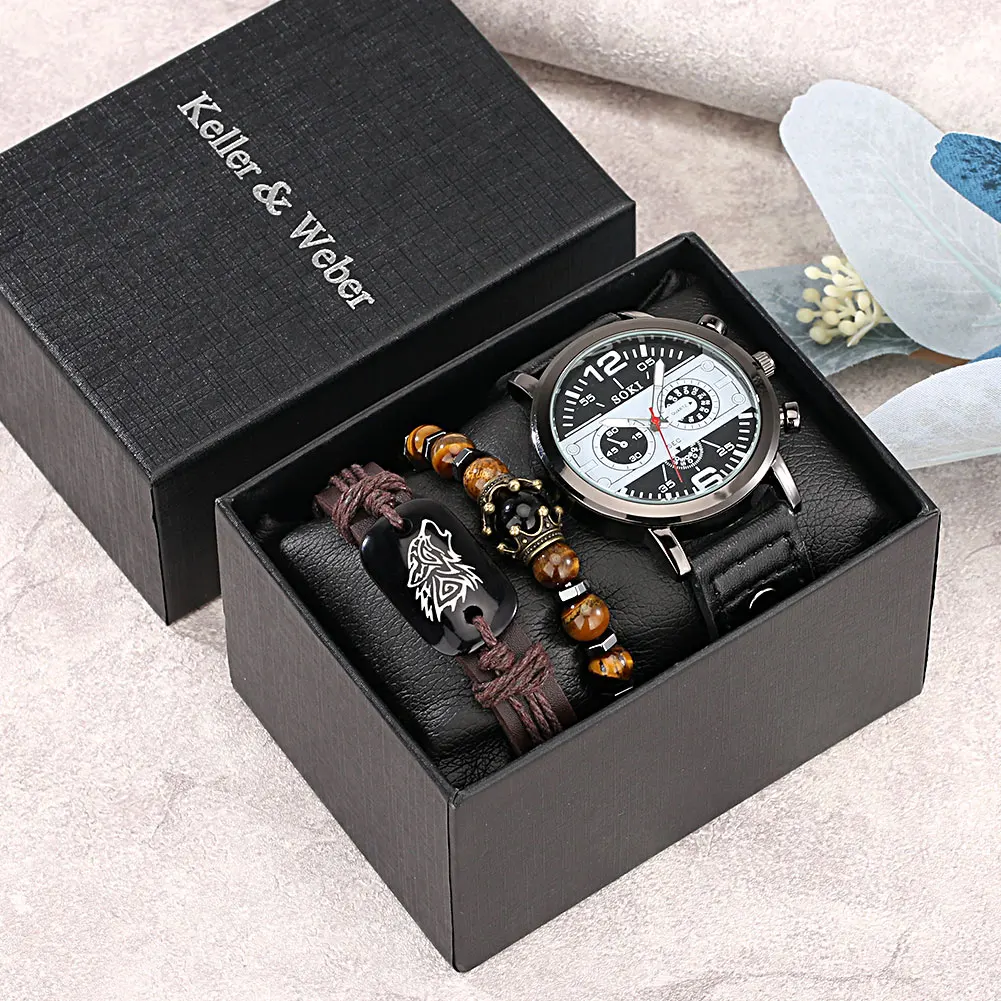 Luxury Watch for Men Bracelet Set Quartz Wristwatches Black Leather Business Clock 2023 Gift for Boyfriend Husband Reloj Hombre