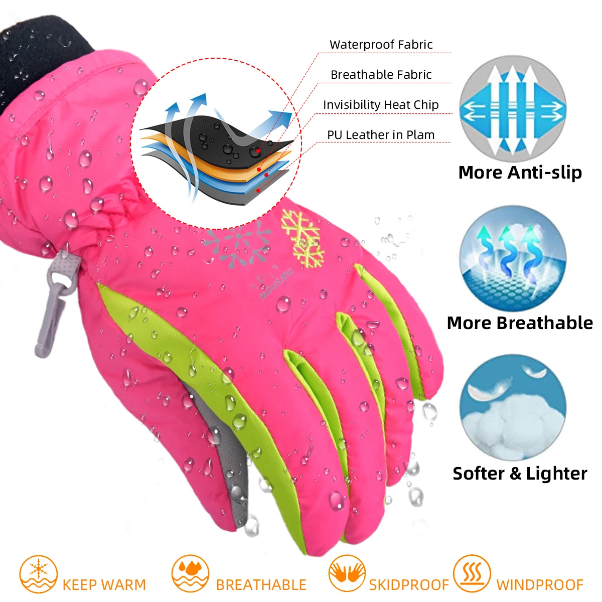 Puseky Children Kids Boys Girls Gloves Outdoor For Winter Warm Waterproof Windproof Thick Ski Glove Cartoon snowflake