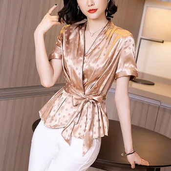 

Europe Women 2020 New Summer Polka Dot Cross V-neck Lace-up Waist Hugging Short-Sleeve Cardigan Blouses Plus Size Shirts Tops