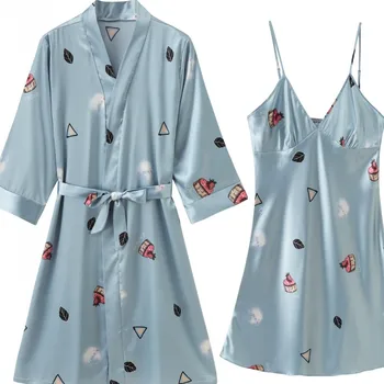 

Silky Women Bathrobe Print Satin Sleepwear Intimate Lingerie Casual Nightwear Kimono Robe Gown Sexy 2PCS Sleep Set Sleepwear