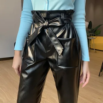 

2020 Sexy Black Leather Suit Pants Women Trousers High Waist Straight Pants Sashes Pockets Office Lady Pu Leather Women Trousers
