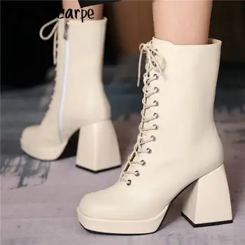 

Cross Tied Women Boots Lace Up Ankle Boots Chunky High Heel Shoes Ladies Platform Boots Brand Designed Leather Botas Mujer Shoes