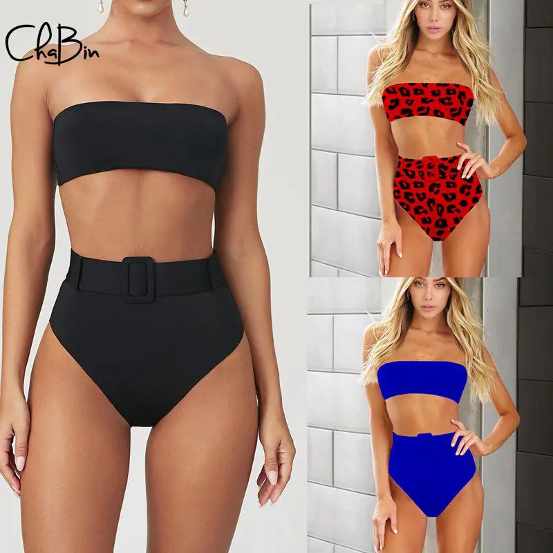 

New 2020 Women Sexy High Waist Bikini Set with Belt Padded Leopard Solid Swimwear Beach Bathing Suit Swimsuit Swimming Suit