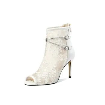 

Women's Ankle Boots Mesh Cow Leather Cut-out High Heels Summer Boots Women Shoes Peep Toe Botas Mujer