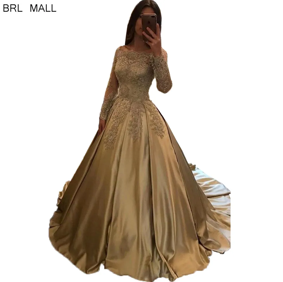 Vestido de fiesta золотые атласные платья с длинным рукавом для выпускного вечера с аппликацией из бисера, вечерние платья, вечерние платья